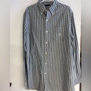 Chaps Long Sleeve Oxford Grey Blue White Stripe Shirt Preppy Office Mens LT NEW
